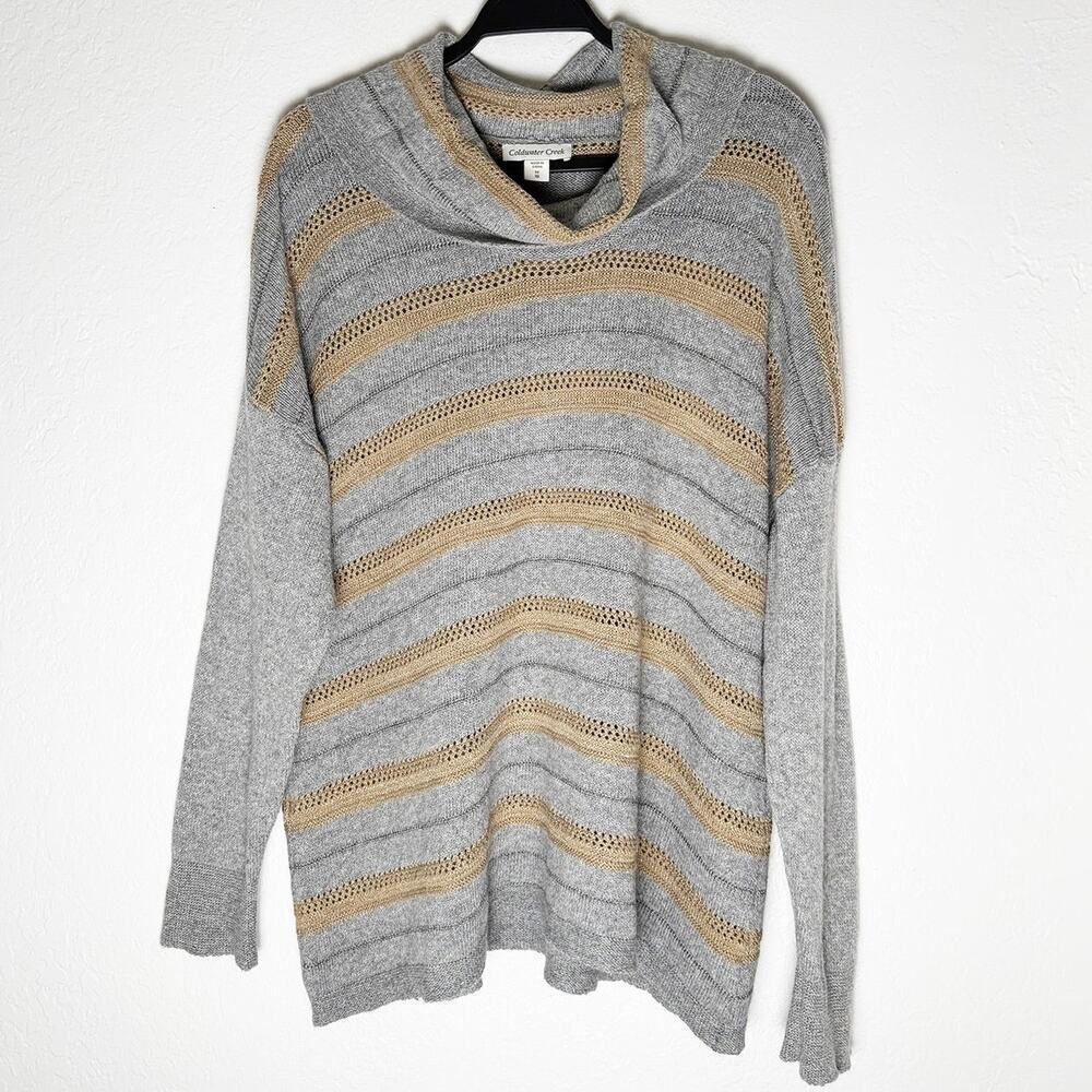 Coldwater Creek Women's‎ Cowl Neck Sweater Wool Blend Striped Gray Gold Metallic